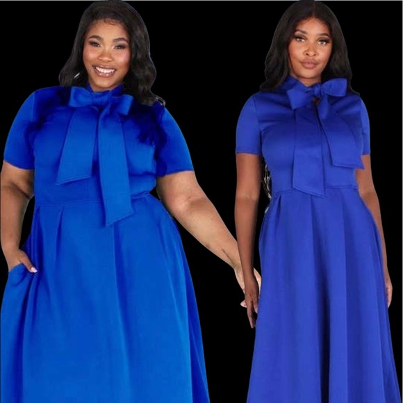 SOLD OUT: Solid Royal Blue Midi Flare Style Dress with Necktie, - Picture 5 of 13